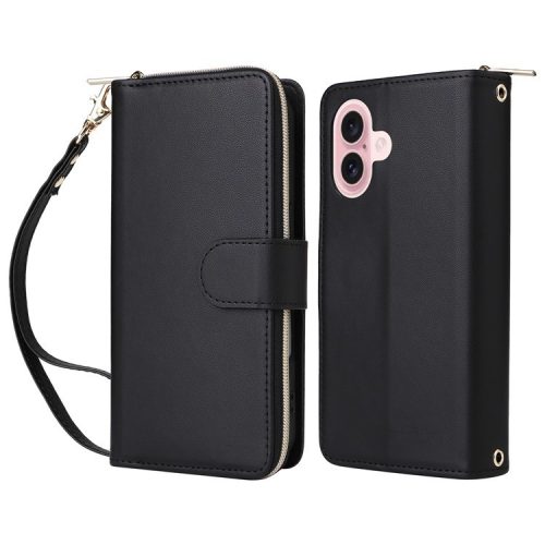 R20 For iPhone 16 Case Zipper Pocket PU Leather Wallet Phone Cover with Hand Strap - Black