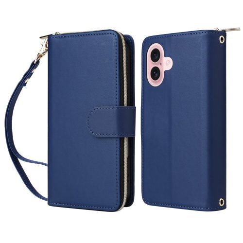 R20 For iPhone 16 Case Zipper Pocket PU Leather Wallet Phone Cover with Hand Strap - Blue