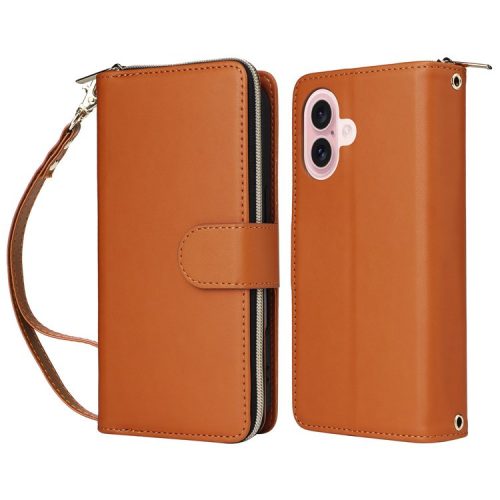 R20 For iPhone 16 Case Zipper Pocket PU Leather Wallet Phone Cover with Hand Strap - Brown