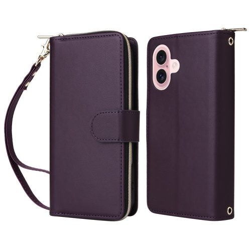 R20 For iPhone 16 Case Zipper Pocket PU Leather Wallet Phone Cover with Hand Strap - Dark Purple