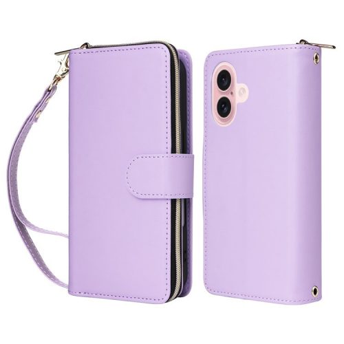 R20 For iPhone 16 Case Zipper Pocket PU Leather Wallet Phone Cover with Hand Strap - Light Purple