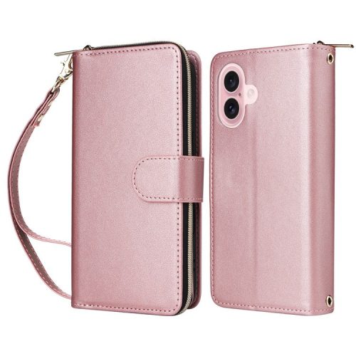 R20 For iPhone 16 Case Zipper Pocket PU Leather Wallet Phone Cover with Hand Strap - Rose Gold