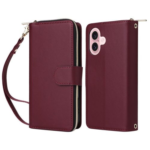 R20 For iPhone 16 Case Zipper Pocket PU Leather Wallet Phone Cover with Hand Strap - Wine Red