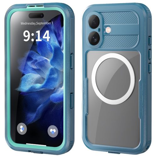 SHELLBOX For iPhone 16 Case Compatible with MagSafe IP68 Waterproof Clear Phone Cover - Cyan+Lake Blue