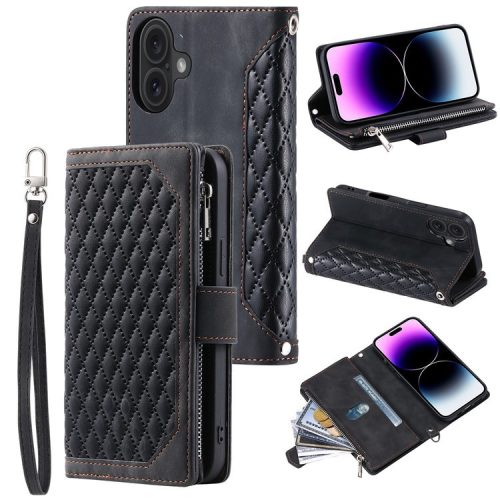 Style 005 For iPhone 16 Case PU Leather Wallet Phone Cover Rhombus Stitching Line - Black