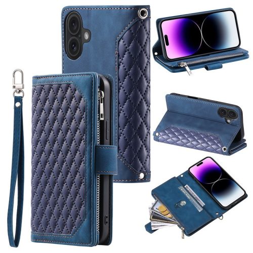 Style 005 For iPhone 16 Case PU Leather Wallet Phone Cover Rhombus Stitching Line - Blue