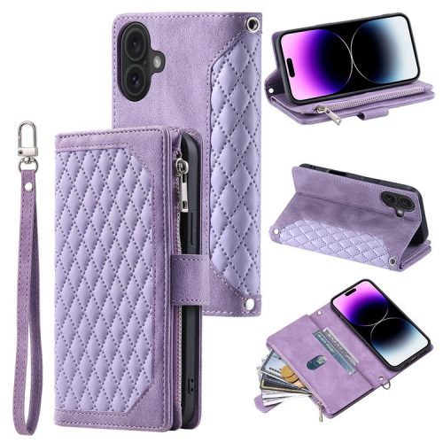 Style 005 For iPhone 16 Case PU Leather Wallet Phone Cover Rhombus Stitching Line - Purple