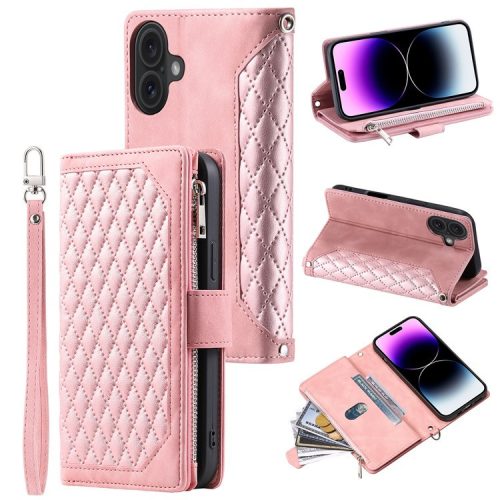 Style 005 For iPhone 16 Case PU Leather Wallet Phone Cover Rhombus Stitching Line - Rose Gold