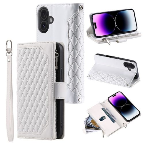 Style 005 For iPhone 16 Case PU Leather Wallet Phone Cover Rhombus Stitching Line - White