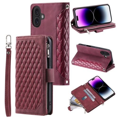 Style 005 For iPhone 16 Case PU Leather Wallet Phone Cover Rhombus Stitching Line - Wine Red