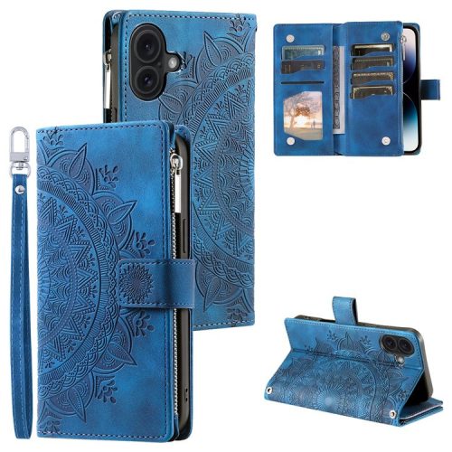 Style 006 For iPhone 16 Case PU Leather Wallet Phone Cover Mandala Flower Pattern - Blue