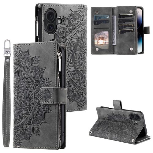 Style 006 For iPhone 16 Case PU Leather Wallet Phone Cover Mandala Flower Pattern - Grey