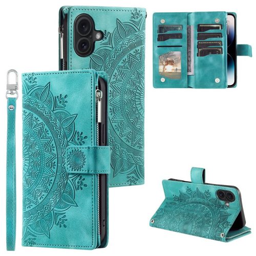 Style 006 For iPhone 16 Case PU Leather Wallet Phone Cover Mandala Flower Pattern - Mint Green