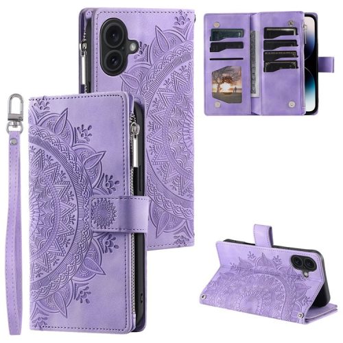 Style 006 For iPhone 16 Case PU Leather Wallet Phone Cover Mandala Flower Pattern - Purple