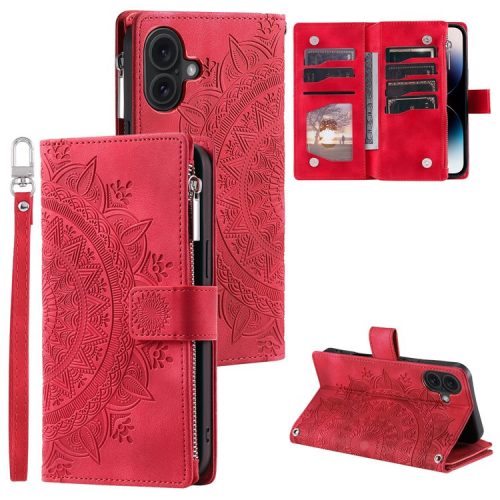 Style 006 For iPhone 16 Case PU Leather Wallet Phone Cover Mandala Flower Pattern - Red