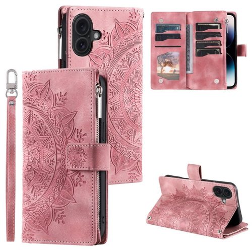 Style 006 For iPhone 16 Case PU Leather Wallet Phone Cover Mandala Flower Pattern - Rose Gold