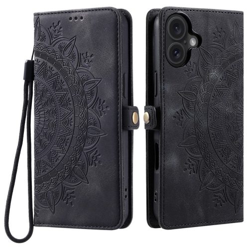 Style 016 For iPhone 16 Case Skin Feel Totem Imprinted Wallet Leather Phone Cover - Black