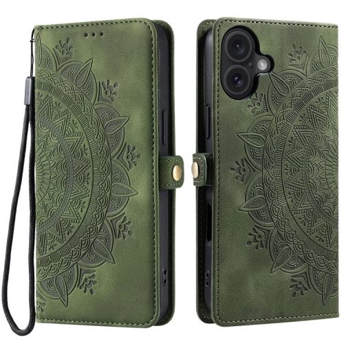 Style 016 For iPhone 16 Case Skin Feel Totem Imprinted Wallet Leather Phone Cover - Blackish Green