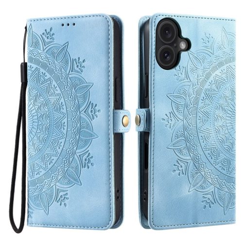 Style 016 For iPhone 16 Case Skin Feel Totem Imprinted Wallet Leather Phone Cover - Lake Blue