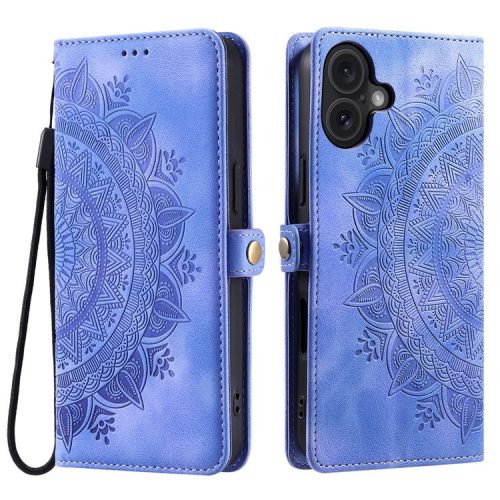 Style 016 For iPhone 16 Case Skin Feel Totem Imprinted Wallet Leather Phone Cover - Purple