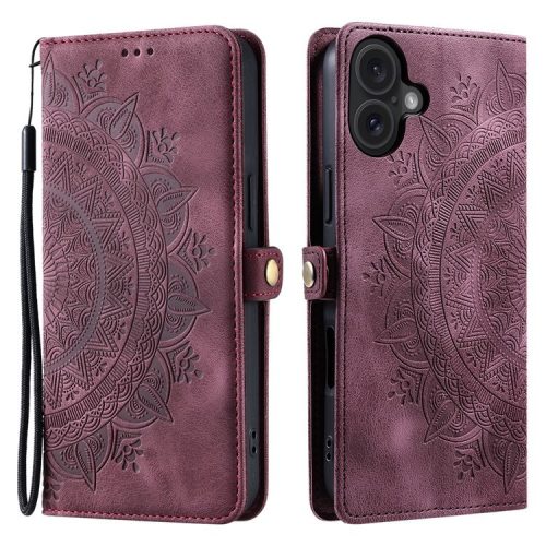 Style 016 For iPhone 16 Case Skin Feel Totem Imprinted Wallet Leather Phone Cover - Wine Red