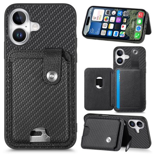 Style B C1-06 For iPhone 16 Case Card Holder Leather+PC+TPU Phone with Card Knife - Black