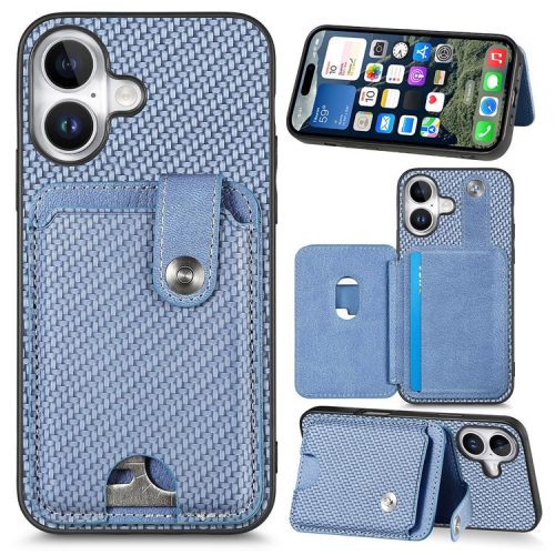 Style B C1-06 For iPhone 16 Case Card Holder Leather+PC+TPU Phone with Card Knife - Blue