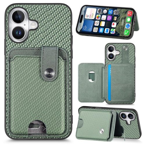 Style B C1-06 For iPhone 16 Case Card Holder Leather+PC+TPU Phone with Card Knife - Green