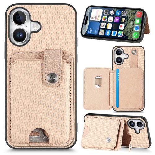 Style B C1-06 For iPhone 16 Case Card Holder Leather+PC+TPU Phone with Card Knife - Khaki