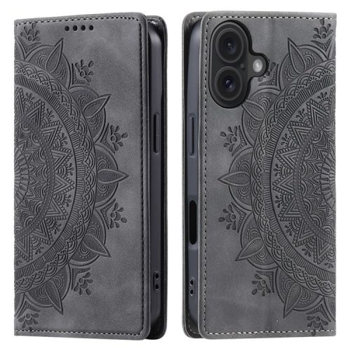 Style-010 For iPhone 16 Case Magnetic Closing Leather Phone Cover Pattern Imprinted - Grey