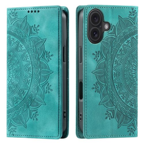 Style-010 For iPhone 16 Case Magnetic Closing Leather Phone Cover Pattern Imprinted - Mint Green