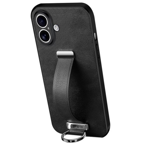 SULADA Fashion Series for iPhone 16 Case Wristband Kickstand Leather Back Phone Cover - Black