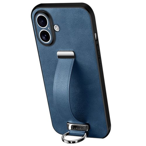 SULADA Fashion Series for iPhone 16 Case Wristband Kickstand Leather Back Phone Cover - Blue