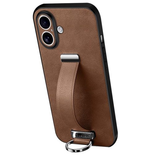 SULADA Fashion Series for iPhone 16 Case Wristband Kickstand Leather Back Phone Cover - Brown