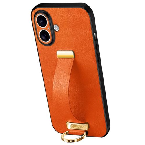 SULADA Fashion Series for iPhone 16 Case Wristband Kickstand Leather Back Phone Cover - Orange