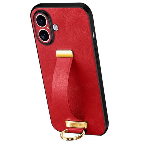 SULADA Fashion Series for iPhone 16 Case Wristband Kickstand Leather Back Phone Cover - Red