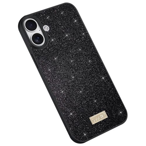 SULADA For iPhone 16 Case PU Leather+PC+TPU Glitter Sequins Back Phone Cover - Black