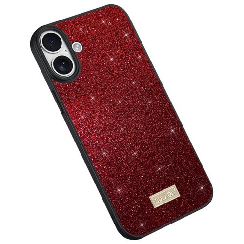 SULADA For iPhone 16 Case PU Leather+PC+TPU Glitter Sequins Back Phone Cover - Red