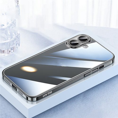 SULADA JINGJIA Series For iPhone 16 Clear Case Electroplating Hard PC Phone Case with Lens Film - Black