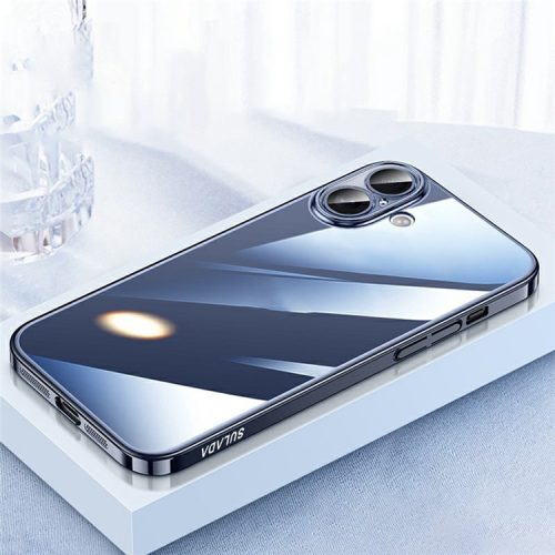 SULADA JINGJIA Series For iPhone 16 Clear Case Electroplating Hard PC Phone Case with Lens Film - Blue