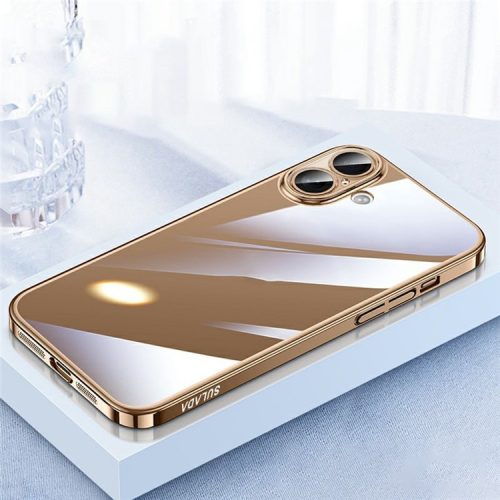 SULADA JINGJIA Series For iPhone 16 Clear Case Electroplating Hard PC Phone Case with Lens Film - Gold