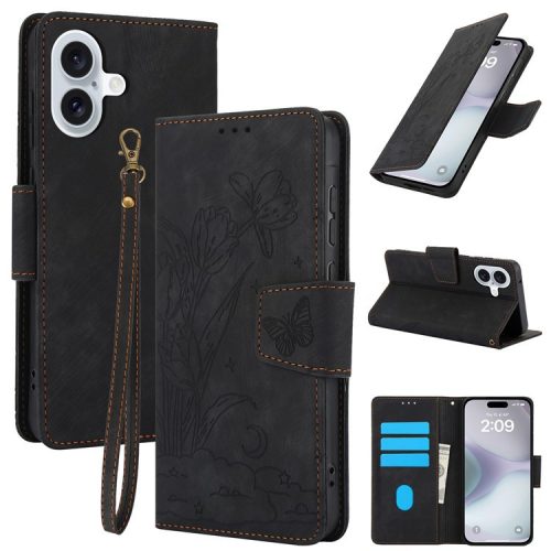 SY-001 For iPhone 16 Case Flower Butterfly Leather Wallet Phone Cover with Hand Strap - Black