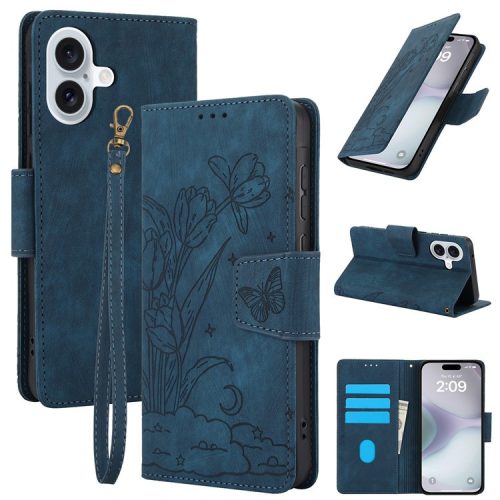 SY-001 For iPhone 16 Case Flower Butterfly Leather Wallet Phone Cover with Hand Strap - Blue