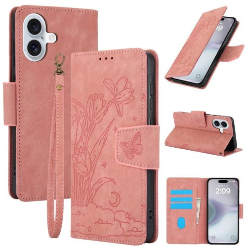 SY-001 For iPhone 16 Case Flower Butterfly Leather Wallet Phone Cover with Hand Strap - Pink