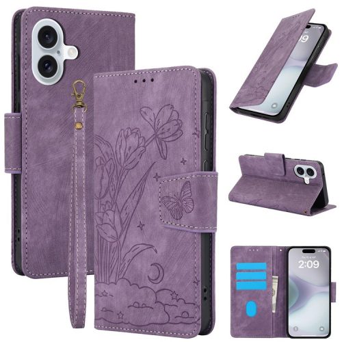 SY-001 For iPhone 16 Case Flower Butterfly Leather Wallet Phone Cover with Hand Strap - Purple