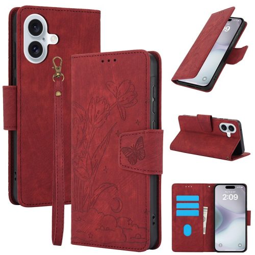 SY-001 For iPhone 16 Case Flower Butterfly Leather Wallet Phone Cover with Hand Strap - Red