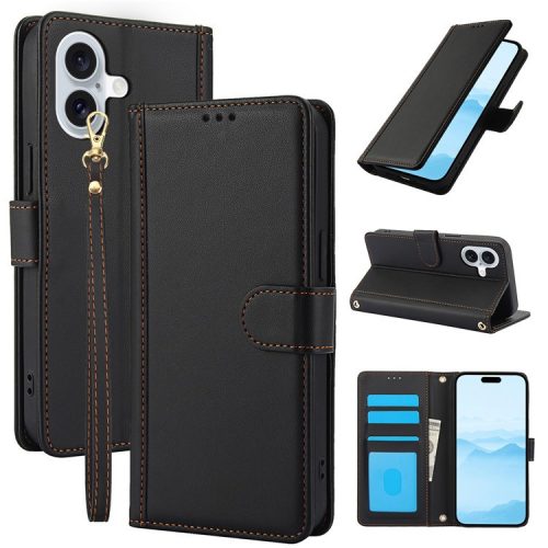 SY-003 For iPhone 16 Case PU Leather Stand View Phone Wallet Cover with Hand Strap - Black