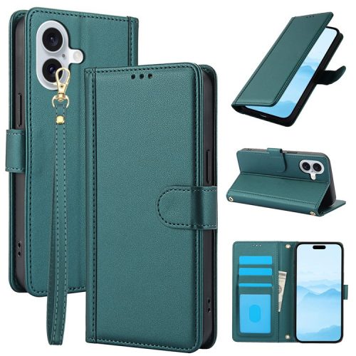 SY-003 For iPhone 16 Case PU Leather Stand View Phone Wallet Cover with Hand Strap - Green