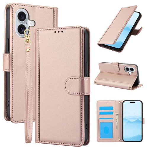 SY-003 For iPhone 16 Case PU Leather Stand View Phone Wallet Cover with Hand Strap - Pink