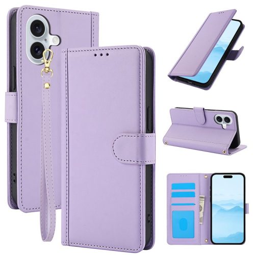 SY-003 For iPhone 16 Case PU Leather Stand View Phone Wallet Cover with Hand Strap - Purple